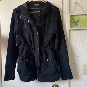 Eden Society Black Hooded Anorak‎ Jacket Drawstring Waist Gold Accents Cargo